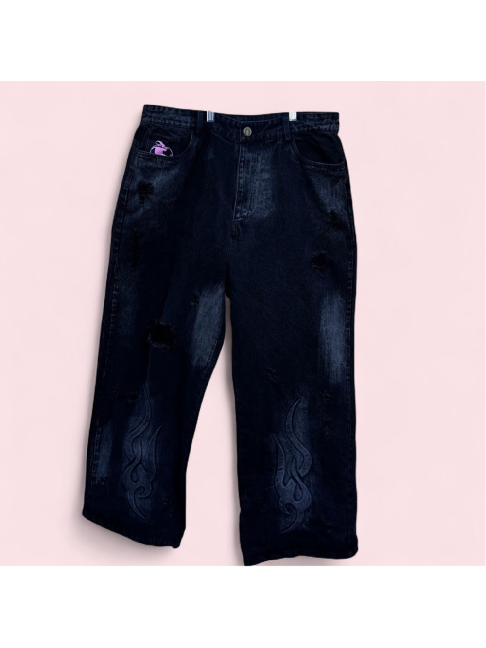Y2K Vintage Chew Forever 3D Black Jeans 36 Waist